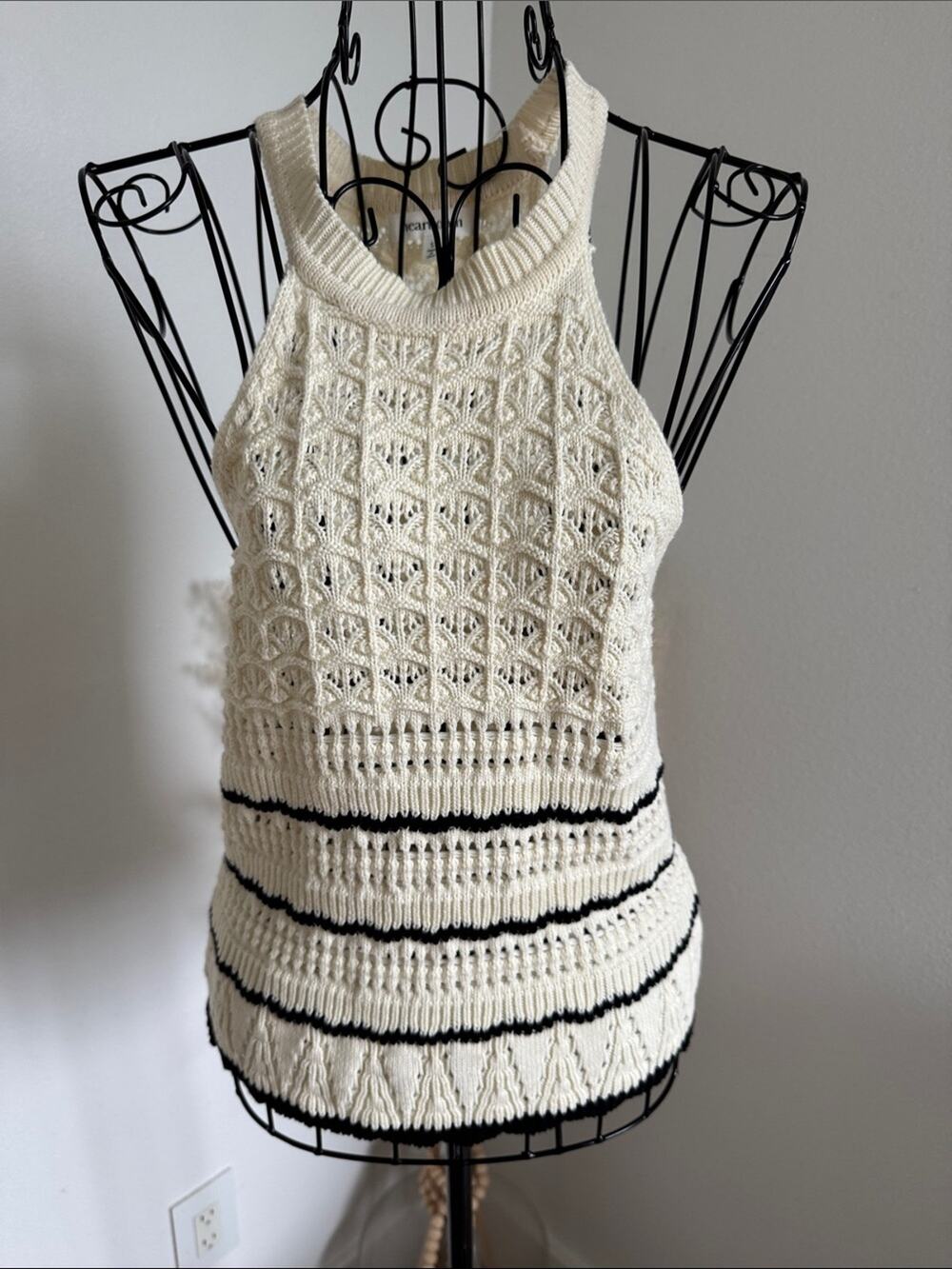 Revolve x Heartloom Sleeveless Cream Knit Halter Tank with Black Stripe Accents